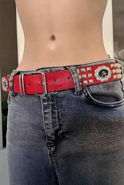 Köstebek Fuchsia Skull Buckle Three-Strap Pyramid Studded Gothic Leather Belt