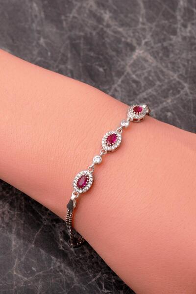 Sümer Telkari Yakut Taşlı Rodyumlu 925 Ayar Gümüş Oval Bileklik 4929