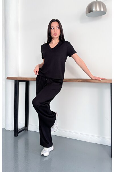 verabelle Striped Modal Fabric V-Neck Tracksuit Set