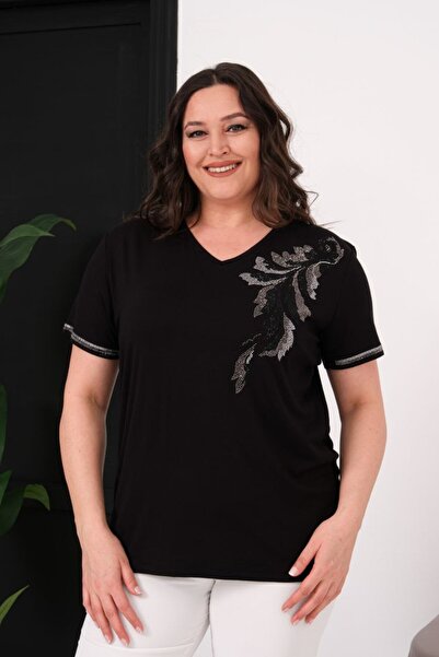 Esina Women's V-Neck Stone Detailed Viscose Blouse