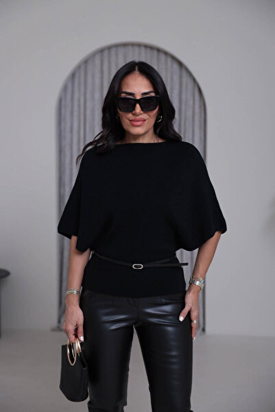 Lamierra Boat Neck Bat Sleeve Belted Sweater