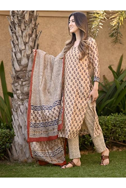 MYSMAR Beige Viscose Rayon Kurta Pant Dupatta Set - VRN1006 | Beige