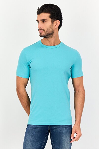 Dkny تي شيرت رجالي سادة بأكمام قصيرة ورقبة دائرية، فيروزي