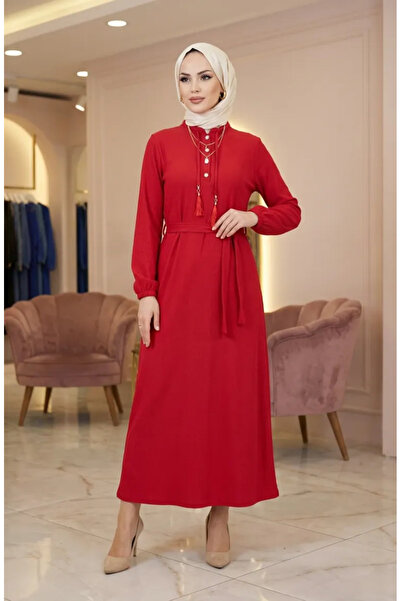 sefamerve Tassel Detailed Belted Hijab Dress 2229-01 Red