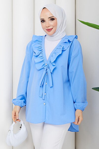 HİFADEN Women's Tie-Dye Detailed Buttoned Collar Ruffle Detailed Long Sleeve ...