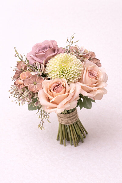 fesleğen çiçek Gelin Buketi Pudra Şampanya Gül – Pastel Romantik Yapay Düğün ...