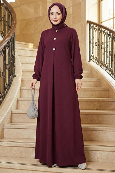 hafsamina Button Detailed a Pile Hijab Dress Burgundy Hm2889