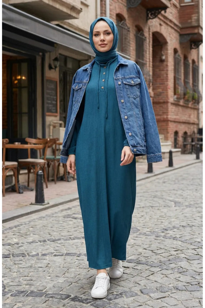 sefamerve Corded Buttoned Hijab Dress 2231-03 Petrol