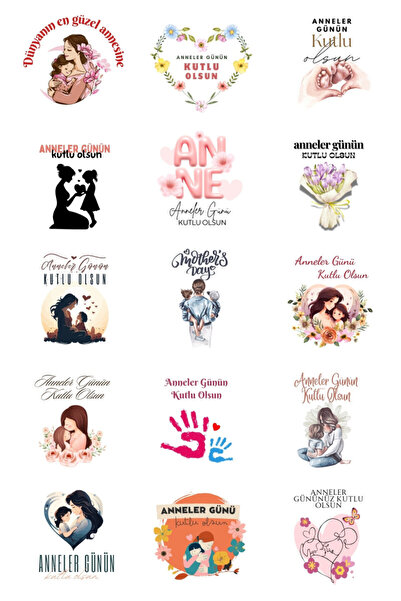 Bimotif Anneler Günü sticker seti, 4x4 cm, 150 adet (10 Sayfa)