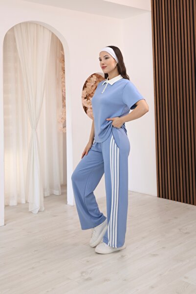 02Lady Fashion Polo Collar Button Detailed Striped Wide Leg Modal Fabric Trac...