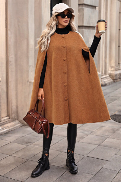 comstar Ženski pončo sa dugmadima, premium udobnost, bež boja Kašmir tkanina