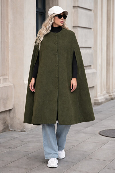 comstar Ženski pončo sa dugmadima, premium udobnost, kaki boja Kašmir tkanina