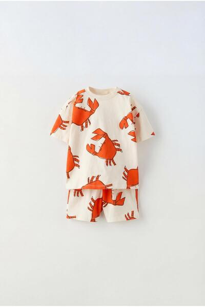 Magu Boy's Cotton Ecru Crab Patterned T-Shirt Shorts Set