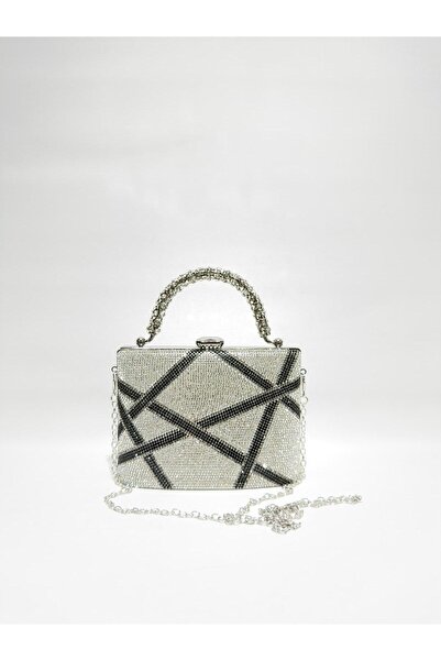 womenacs Silver Black Double Color Single Surface Stoned Evening Dress Clutch...