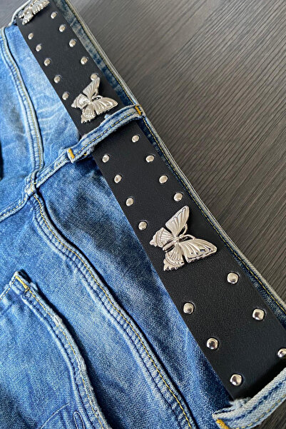 Köstebek Black Double Row Studded Butterfly Gothic Leather Belt