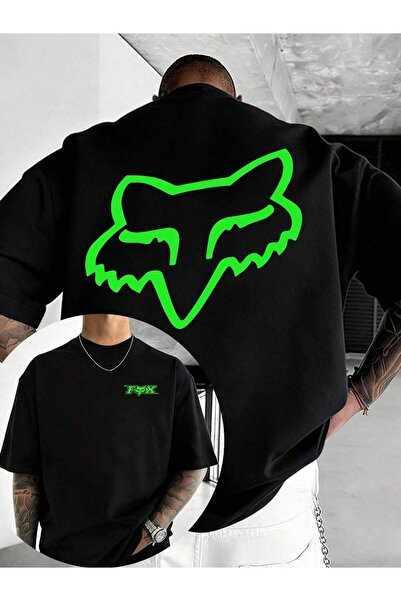 PENTHİLUS تي شيرت مطبوع على الوجهين من FOX Green Fox Head - 220 جرام 100% قطن...