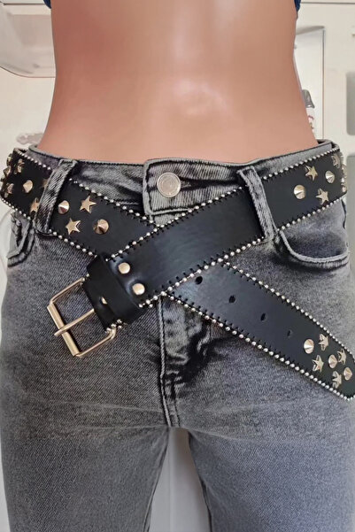 Köstebek Black Star Detailed Studded Harajuku Leather Punk Belt