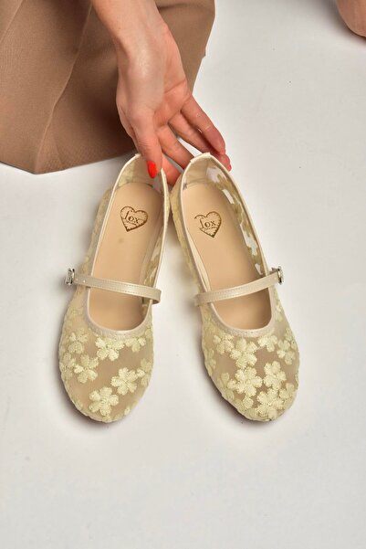 Fox Shoes Y726711415 Balerini de damă din plasă bej cu motiv floral brodat