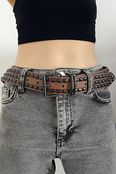 Köstebek Brown Three-Stripe Pyramid Studded Leather Belt