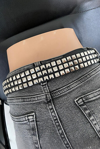 Köstebek Black Three-Stripe Pyramid Studded Gothic Leather Belt