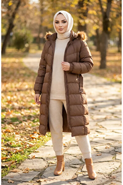 sefamerve Fur Hooded Belted Inflatable Coat 6135-02 Tan
