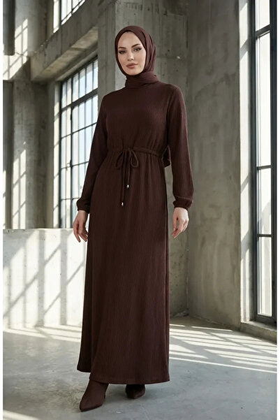 sefamerve Drawstring Gathered Ribbed Hijab Dress 2227-03 Brown