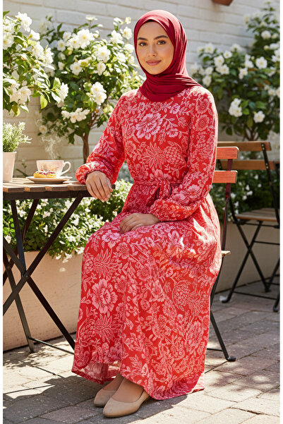 sefamerve Desenli Kuşaklı Viskon Tesettür Elbise 2202-01 Kırmızı