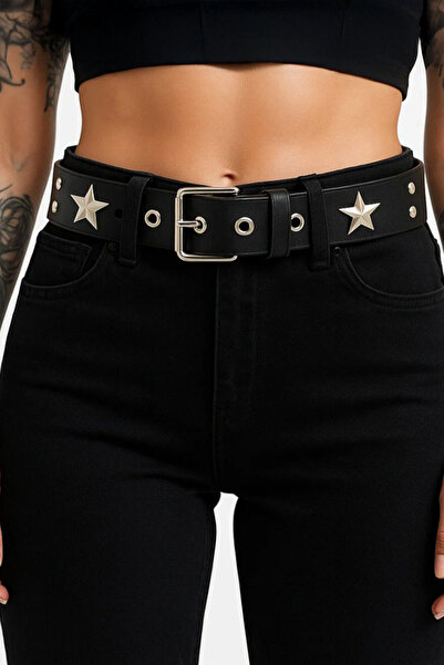 Köstebek Black Stars Eyelet Detailed Leather Belt