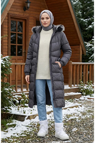 sefamerve Fur Hooded Belted Inflatable Coat 6135-01 Gray