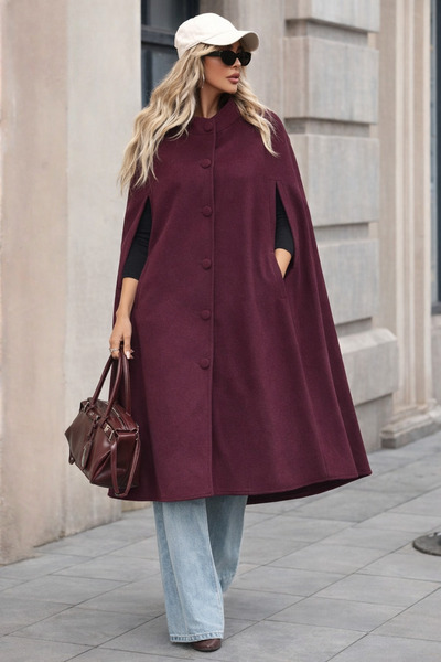 comstar Kadın Düğmeli Premium Comfort Bordo Kaşe Panço