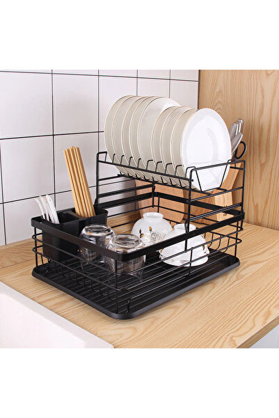 Vivendo Metal tiered dish rack with drainer and cutlery holder - Black