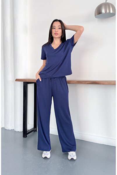 verabelle Striped Modal Fabric V-Neck Tracksuit Set