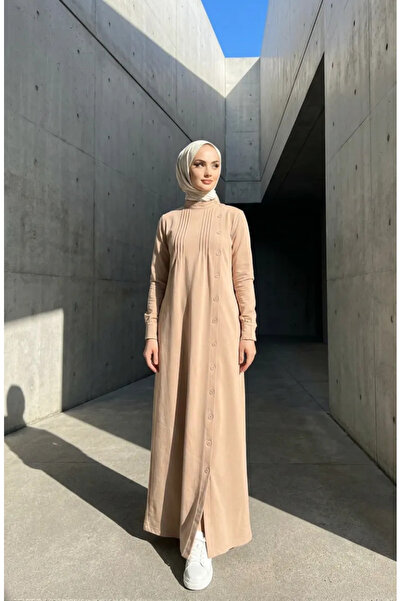sefamerve فستان حجاب مطوي بأزرار 71146-01 بيج