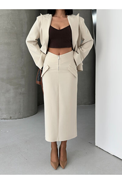 alenmoda Women's Front Zipper Skirt Jacket Suit