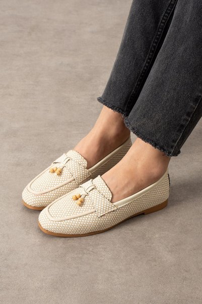 STOCON Padova Checkered Beige Tasseled Wooden Bead Detailed Loafer Ballerina Casual Shoes Stc1259