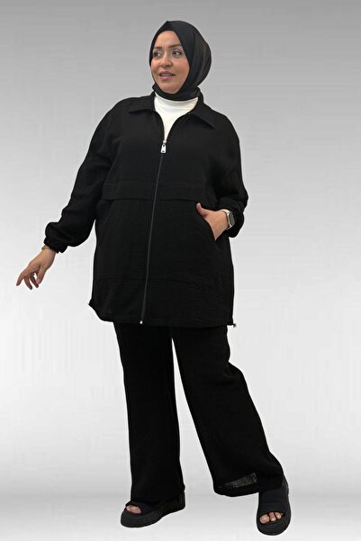 Eslina 67016 Büyük Beden Kol Ve Etek Ucu Lastik Detaylı Müslin Pantolonlu Tak...