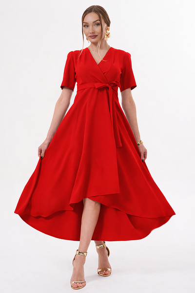 RURIS Kırmızı Kruvaze Yaka Asimetrik Sarmal Etek Kısa Kollu Kuşaklı Midi Boy ...