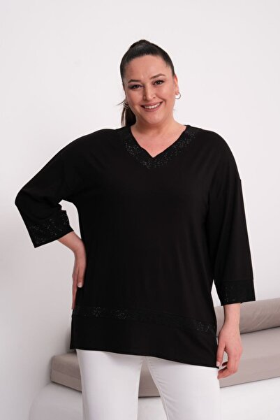 Esina Women's Viscose Blouse with Collar, Skirt, and Stone Detail on the Sleeves
