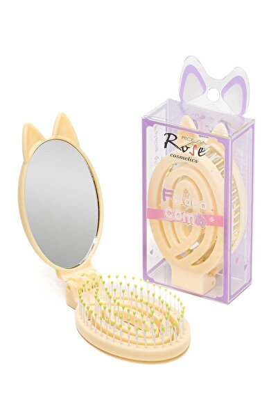 3B Trend Cute Cat Design Pocket Mirror Foldable Comb Yellow – Stylish and Con...
