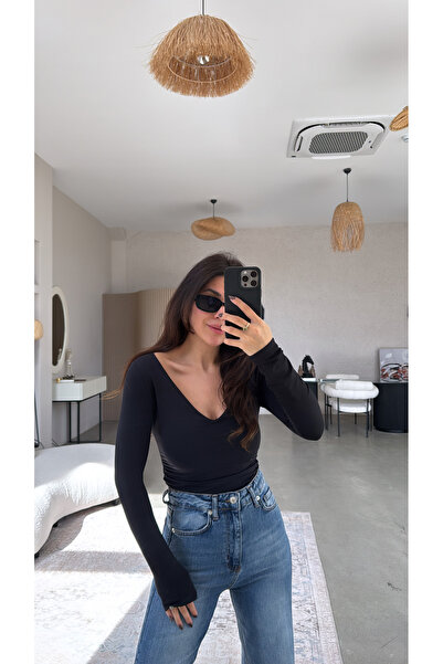 Buket Teke Black V-Neck Polyamide Bodysuit