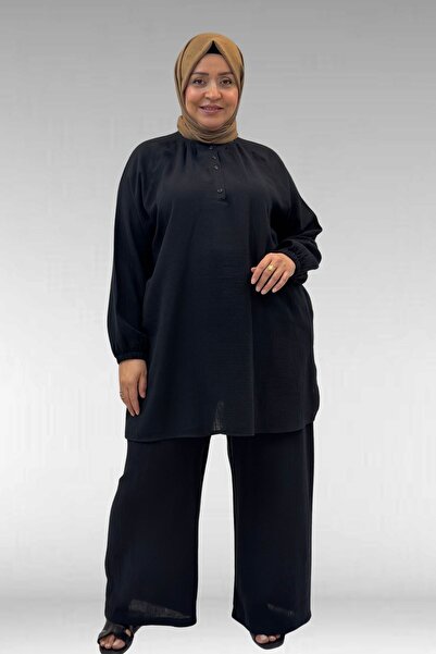 Eslina 67039 Büyük Beden Yarım Patlı Sıfır Yaka Müslin Pantolonlu Takım - Siyah