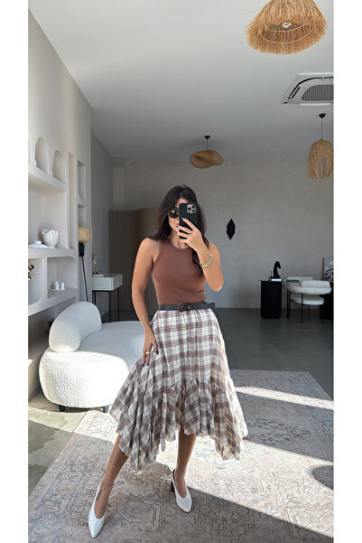 Buket Teke Light Color Asymmetrical Cotton Patterned Lined Skirt
