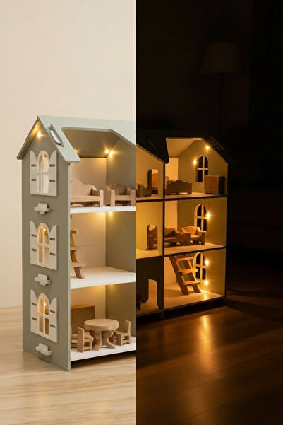 hedefixtoys LED Işıklı Ahşap Oyuncak Ev | 3 Katlı Yeşil Montessori Bebek Evi