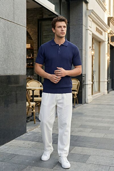 Livio Ferri Bande Regular Fit Men's Short Sleeve Knitwear Polo Collar Texture...