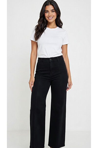 Rose Pileli Likralı Esnek Cepsiz Yüksek Bel Bol Paça Toparlayıcı Siyah Kadın ...