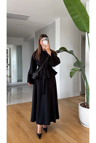 FEMMESTUDIO Women's Black Belted Jacket Dress Set