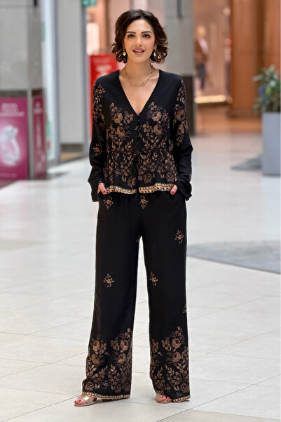 Nevin Kaya Moda Black Floral Pantalon Blouse Set