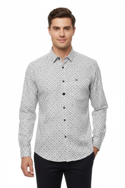 DİO قميص رجالي فاخر بطبعة هندسية - قميص رسمي كاجوال قصة ضيقة وأكمام طويلة