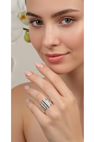 ZENA ACCESSORİES ASİMETRİK ZİRKON AYARLAMALI ÇELİK YÜZÜK