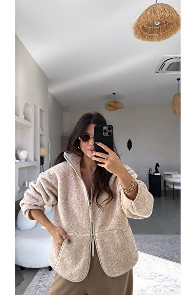 Buket Teke Cream Piping Zippered Fleece Jacket